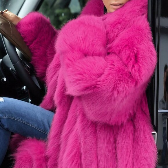 Fuchsia Women's Waterfall Neckline Long Faux Fur Coat - Picture 5 of 8